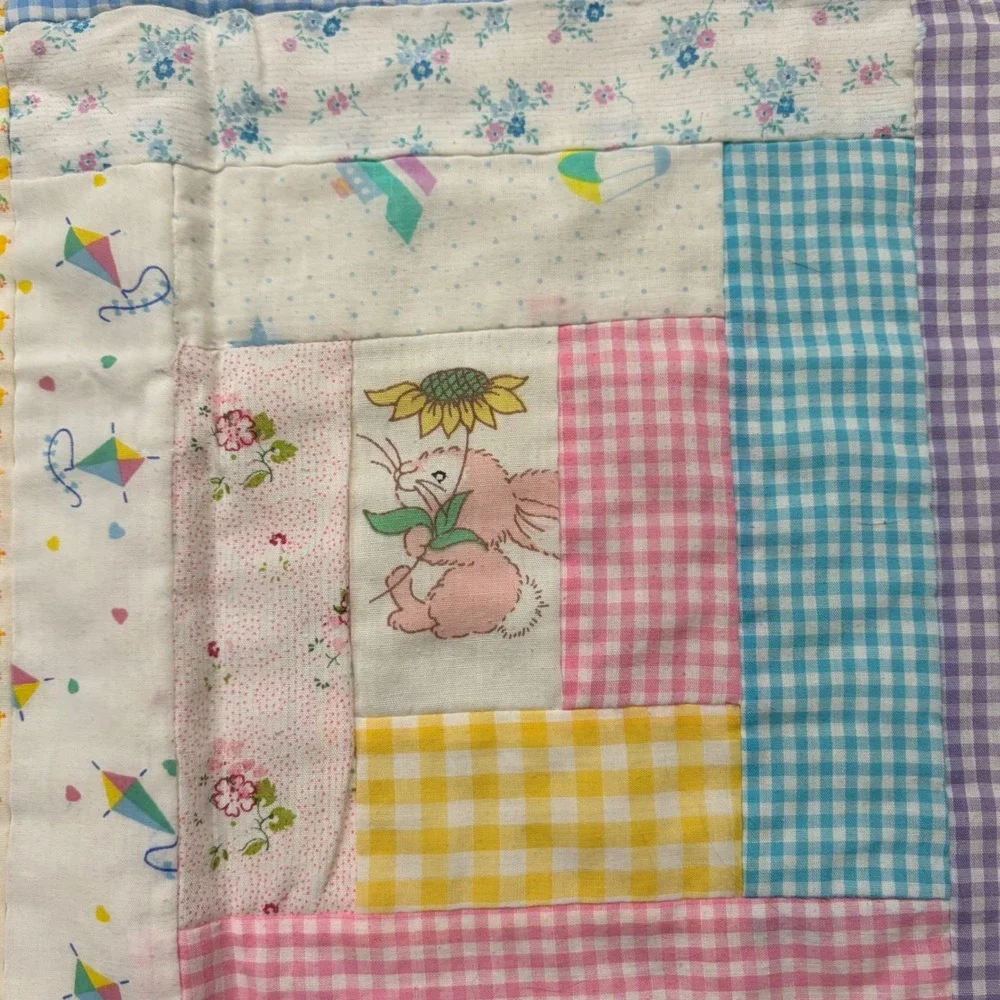 Vintage Handmade Baby Quilt Pastel Gingham Bunny Log Cabin Eyelet Trim 44x45